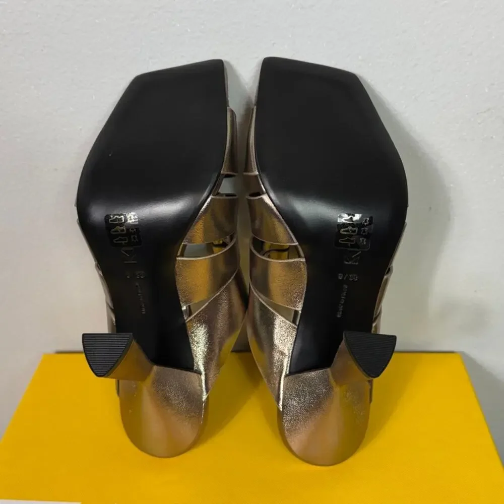 Mercedes Castillo Aria High-Heel Slide Sandals, Tungsten Metallic Leather Size 8
